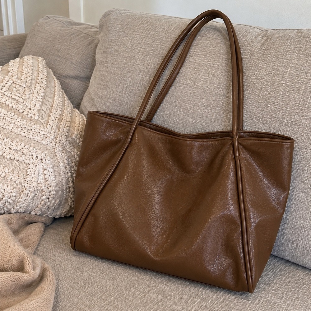 Brown Faux Leather Tote Bag Women Large Shoulder Bag Slouchy Work Travel Purse